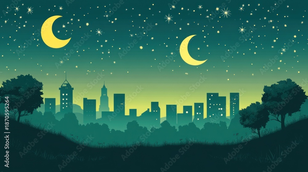 Fototapeta premium Night city skyline, crescent moons, starry sky, hilltop view, background illustration