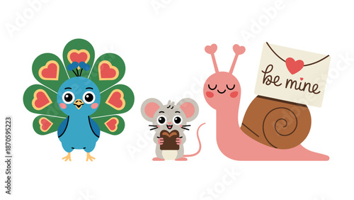 Animal Trio with Love: An adorable peacock, cute mouse, and snail spread love and joy with a lovely theme. the drawing style enhances the cute character
