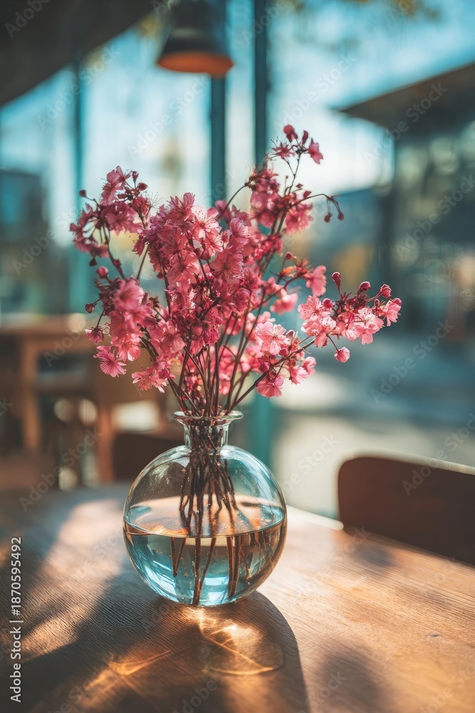 Fototapeta premium Pink cherry blossoms in a round glass vase with water on a sunlit wooden table inside a cafe. Concept Pink cherry blossoms, Glass vase with water, Sunlit cafe interior, Wooden table