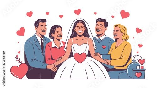 Wedding Day Joy: A bride, radiant with happiness, stands surrounded by her loving family, heart symbols enhancing the celebration of love and unity.