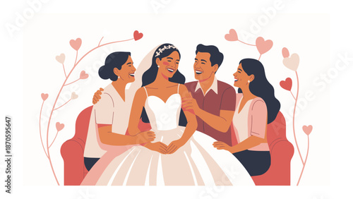 Joyful Union: Illustration of a radiant bride surrounded by loving family, symbolizing the tender embrace of love, celebration, and new beginnings.