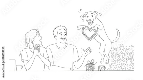 Canine's Valentine Gift: A loving scene captures a joyous couple delighted by their dog's special Valentine's Day gesture, celebrating love and companionship.