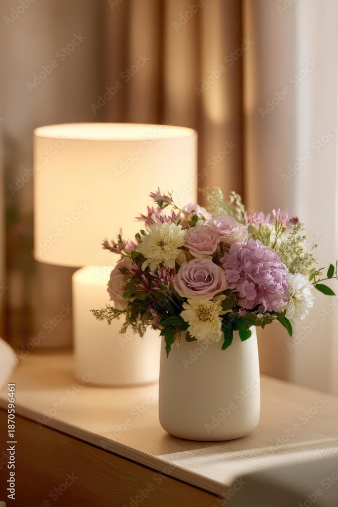 Fototapeta premium Pastel flower bouquet in a white vase on a wooden table, with a warm lamp in the background. Concept Pastel bouquet, White vase, Wooden table, Warm lighting, Still life