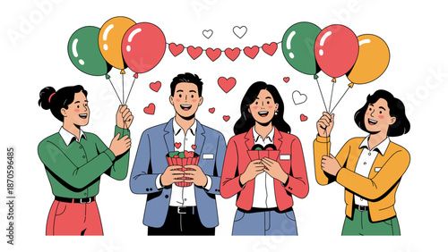 Love's Gift & Celebration: A joyous scene of two people receiving gifts surrounded by others who hold balloons and decorations, exuding happiness and cheer.