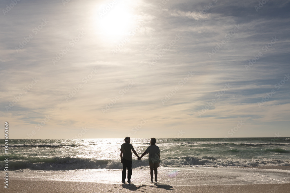 Naklejka premium Multiracial senior couple holds hands on beach, enjoying sun