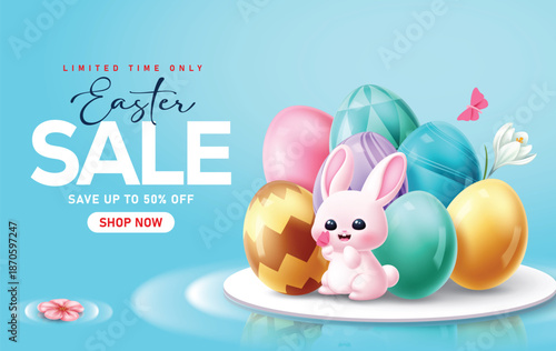 Easter Sale podium clipart design. Easter sale limited time offer discount clip art with colorful Easter egg and cute rabbit seasonal promotion advertisement banner card template in blue background 