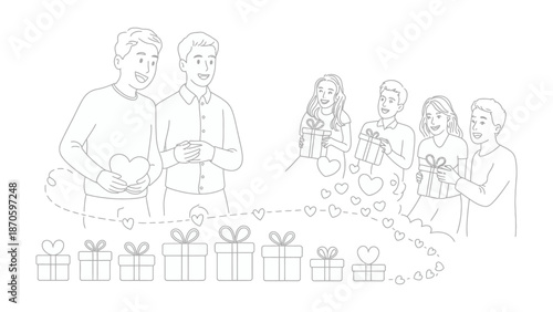 Unveiling Affection: A line art illustration depicts the warmth of gifting and sharing, symbolizing affection and togetherness. 