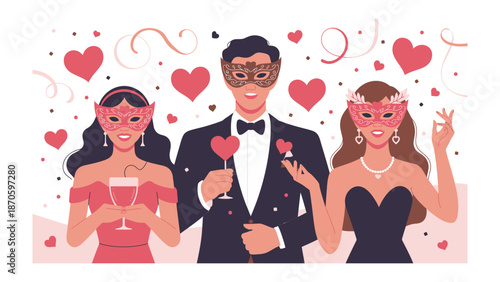 Masquerade Romance: A group of individuals in elegant attire and masks at a glamorous event, each exuding charm and mystery.