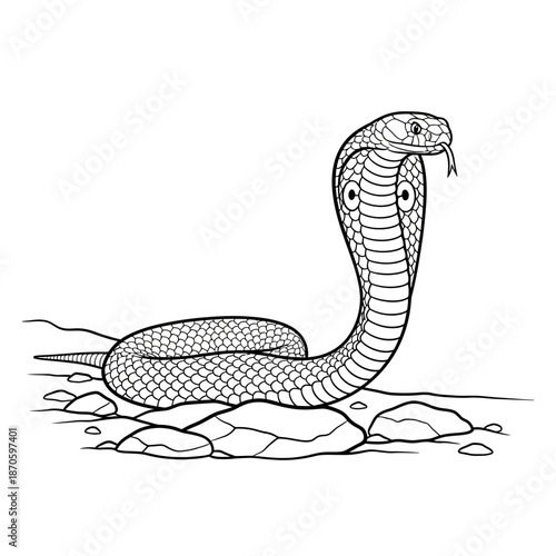 Black and White Cobra Snake Illustration Onrocky Terrain With Detailed Scales and Faint Tongue Out.jpg
