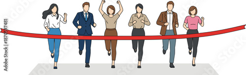 Group of business people in professional suits running towards a red finish line ribbon symbolizing competition success leadership achievement and career growth.