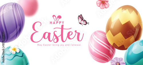 Happy Easter greeting clipart banner template. Happy Easter greeting text with colorful realistic pattern Easter egg clip art for holiday season shopping sale banner card design white background 