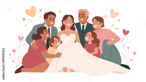 Wedding Day Gathering: A bride, encircled by the warmth of family, radiates joy on her wedding day, creating a cherished moment of togetherness and love. 