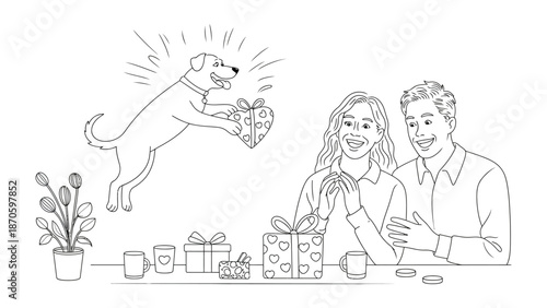 Gift of Joy: An animated dog excitedly presents a wrapped gift to a smiling couple, creating a scene of warmth, joy, and the unbreakable bond of a beloved companion.