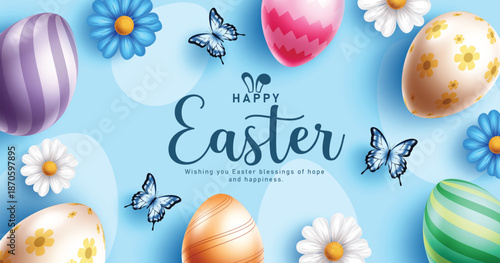 Happy Easter clipart border design. Happy Easter greeting and wishes text with printed and pattern Easter egg and chamomile flowers frame background clip art for holiday season banner card template 