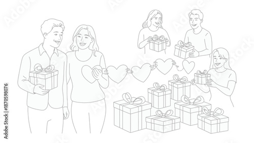 Gifting Celebration: A line art illustration capturing moments of generosity and affection, perfect for representing love, friendship, and giving. 