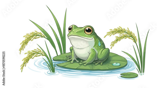 Cute Green Frog Sitting on Lily Pad With Rice Plants Illustration.jpg