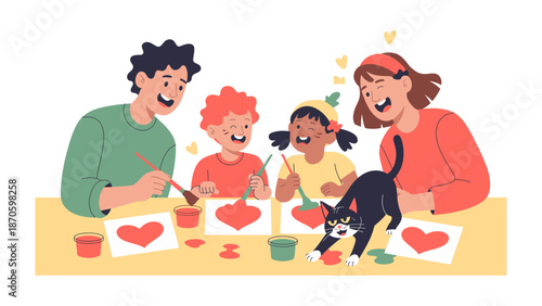 Family's Artistic Heartfelt Crafting: A family enjoys a heartwarming moment, crafting colorful heart shapes, with a playful cat adding its own touch of charm.