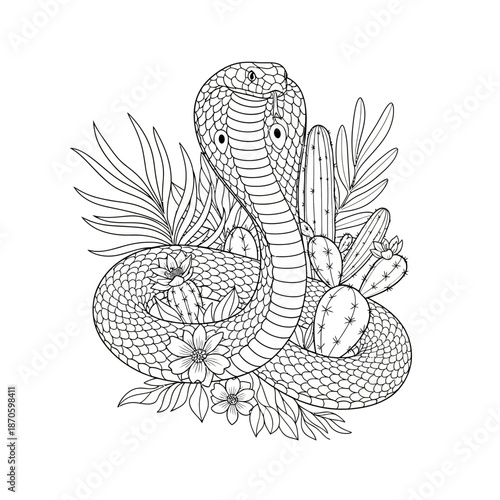 Elegantking Cobra Coiled Among Desert Cacti Wildflowers and Spiny Plants Sketch.jpg