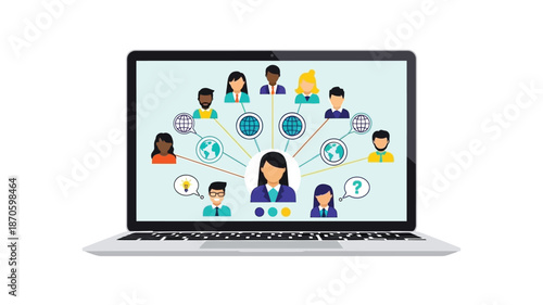 Laptop displaying a network of diverse people connected in a digital community