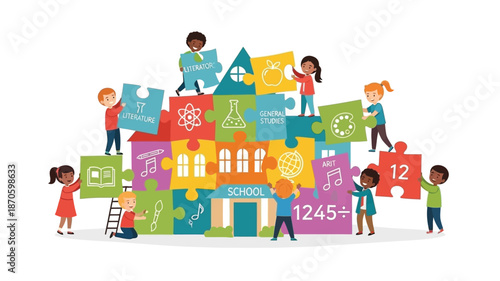 Children building a colorful tower of puzzle pieces representing education and teamwork