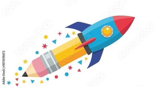 A colorful rocket ship designed as a pencil launches into space