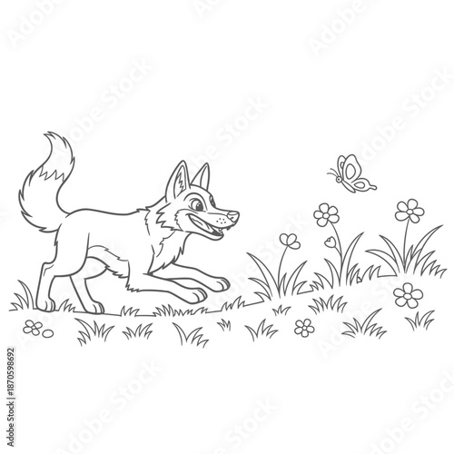 Playful Dog Garden Scene With Butterflies and Flowers Line Art Cartoon Illustration Whimsical B&w.jpg