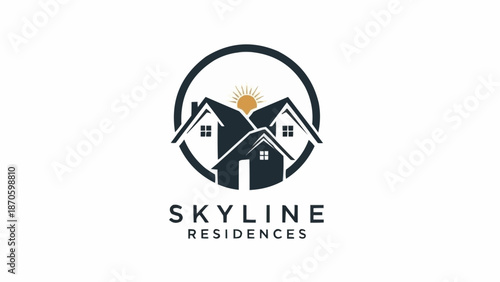 Skyline Residences Logo Design with Houses and Sun.