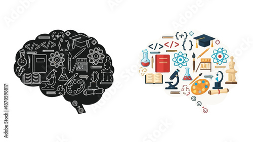 The human brain depicted with symbols of art science and technology