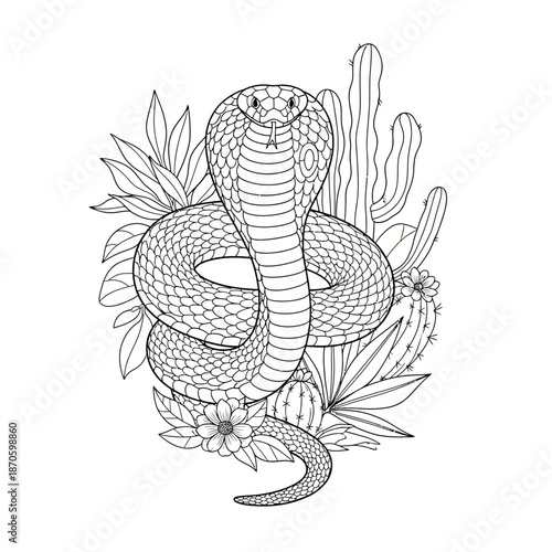 Regal Cobra Snake Line Art Illustration Desert Scene Cactus Flower Black and White Sketch Tattoo Design.jpg