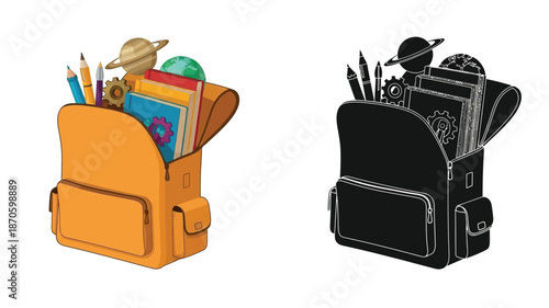 School supplies overflowing from a yellow backpack with a silhouetted version beside it
