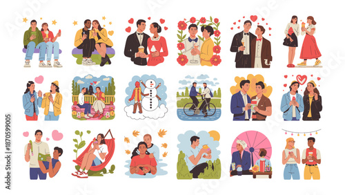 Celebration of Connection and Love: A mosaic of illustrations that paints a tapestry of love, friendship, and togetherness, symbolizing diverse connections and the essence of human bonds