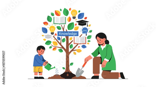 Cultivating knowledge a mother and son nurture a tree of learning together