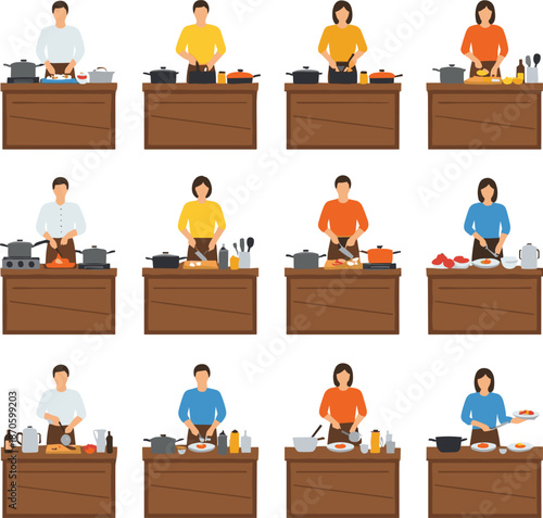 Comprehensive collection of flat icons featuring male and female chefs preparing meals in professional kitchens for culinary classes or cooking workshop design