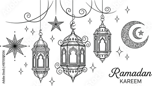 Decorative black and white hand drawn line art for Ramadan Kareem featuring hanging lanterns with crescent moon and stars for Islamic holiday greeting card
