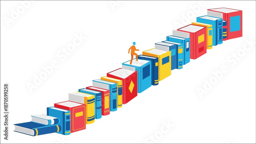 A tiny figure walking atop a long colorful stack of books