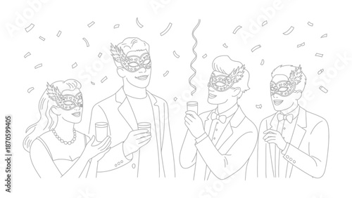 Celebration in Masquerade: A group of elegantly dressed individuals, adorned with elaborate masks, toasts to the night's festivities, immersed in an air of mystery and excitement.