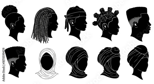 Afro Hairstyles and Headwrap Vector Set – Diverse African Silhouettes, Cultural Fashion, Braids, Hijab, and Turban Illustration Collection