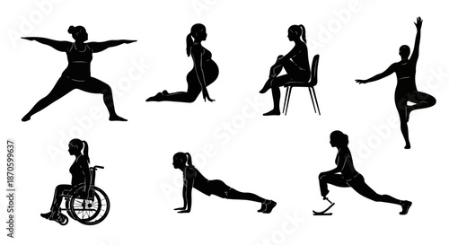 Inclusive Fitness Vector Set – Diverse Women Exercising, Yoga, and Workout Silhouettes Featuring Pregnancy, Disability, and Body Positivity