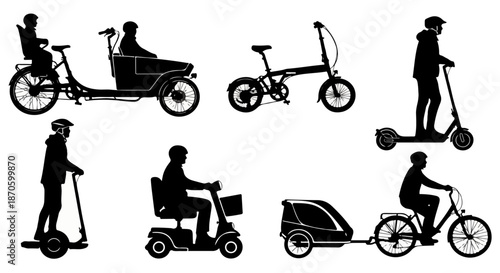 Urban Mobility Vector Set – People Riding Electric Scooters, Bicycles, Mobility Scooters, Cargo Bikes, and Eco Transport Silhouettes