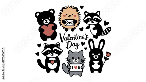 Valentine's Day animal characters: A collection of endearing animals ready to express love. Each character holds or embodies a symbol of affection, from the heart to the phrase I love you.