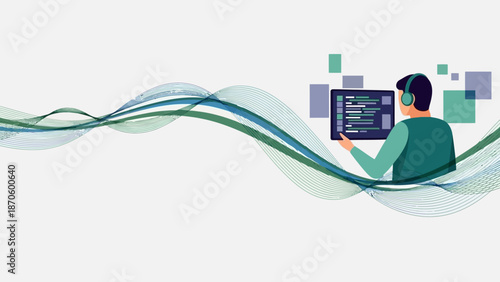 Illustration of a developer working on code with abstract wave background design