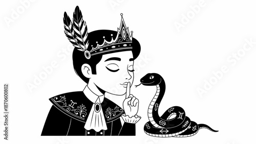Enigmatic Prince with Serpent: A Mystical Monochrome Illustration of Secrets and Royalty