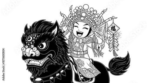 Line art illustration of a chinese opera character riding a mythical lion monochrome design