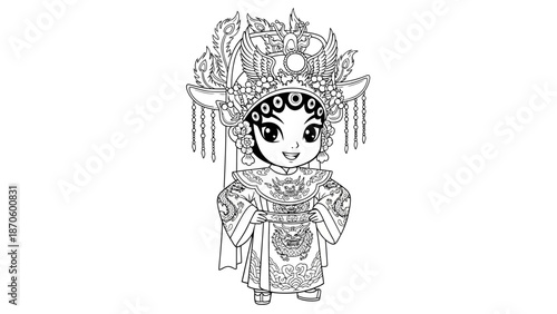 Line art illustration of a cute chinese opera performer with traditional costume and makeup