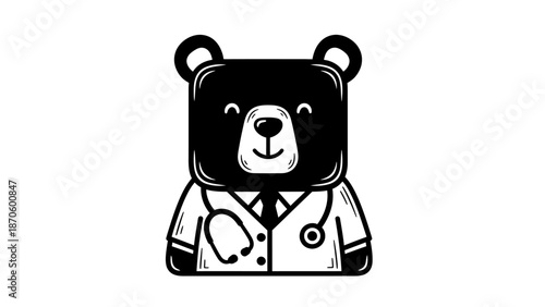 Monochrome illustration of a cute bear doctor with a stethoscope design vector