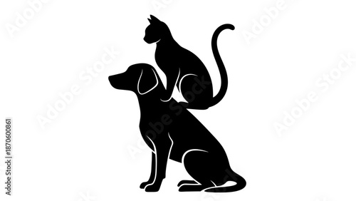 Silhouette illustration of a dog with a cat sitting on its back creating a friendship and harmony