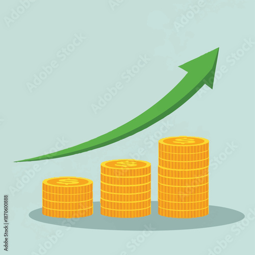 Gold Coins Stacks with Green Arrow Up.