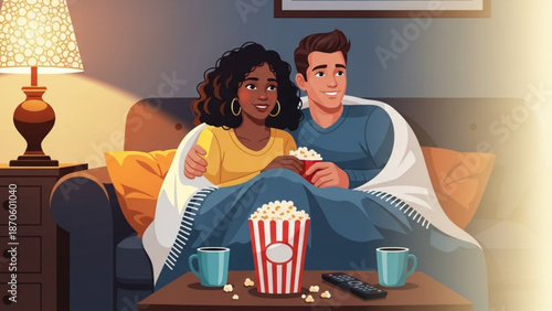 Couple enjoying a romantic movie night with snacks on the couch together with popcorn