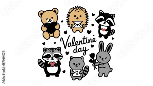 Valentine Day Celebration with Cute Animals: An adorable assortment of charming animal characters celebrating love and affection in a heartwarming display. The image radiates pure joy.