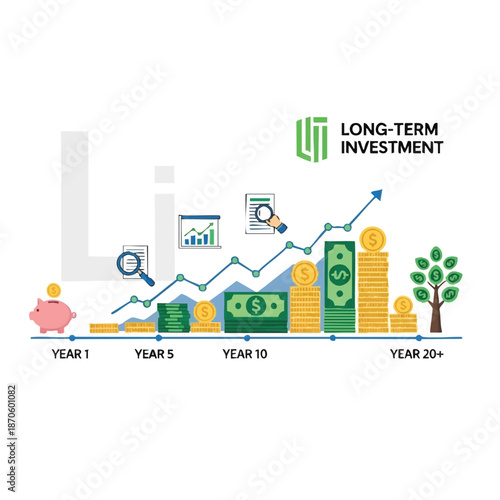Long-term investment growth chart with coins and graphs.
